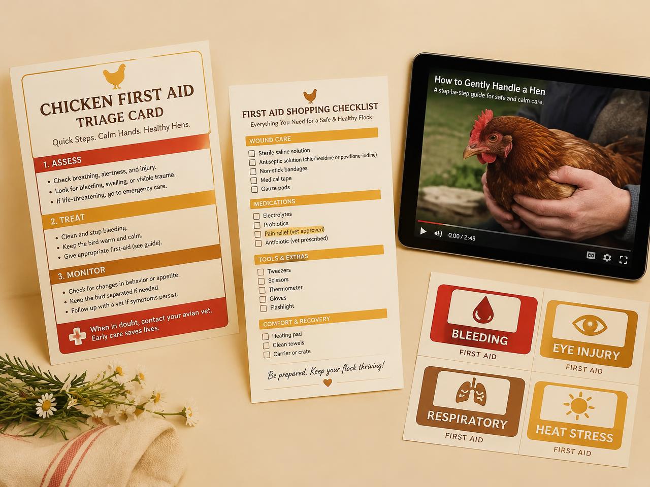 Printable Triage Card with the Starter Kit checklist, video lesson on a tablet and printed labels